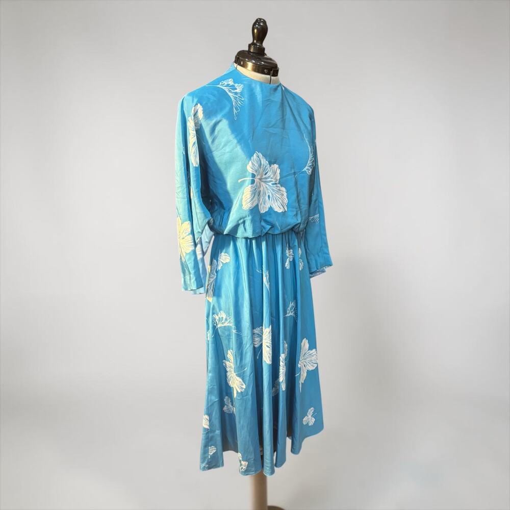 Turquoise Silk Butterfly Dress 1970s Midi High Neck Pleated Skirt Boho Retro